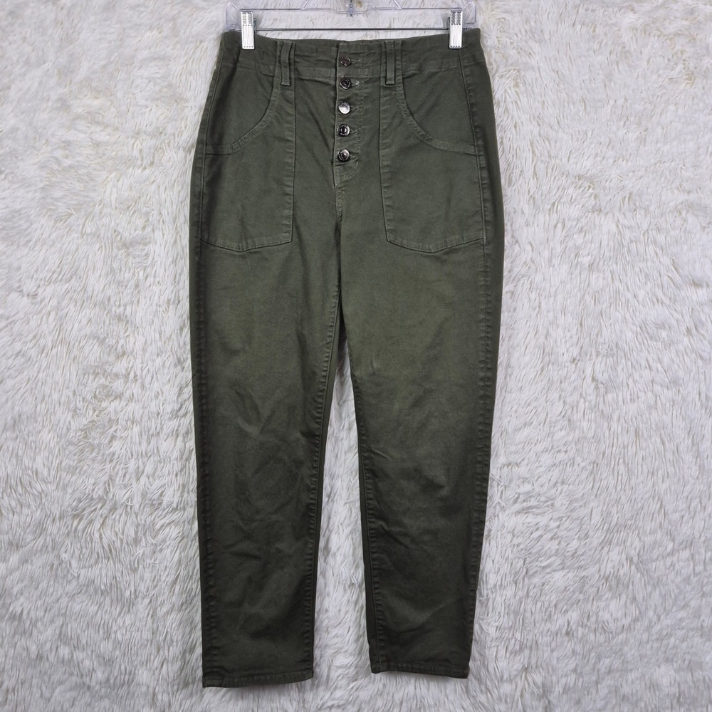Veronica Beard Arya Straight High Rise Pants Army Green Button Fly Size 27/4